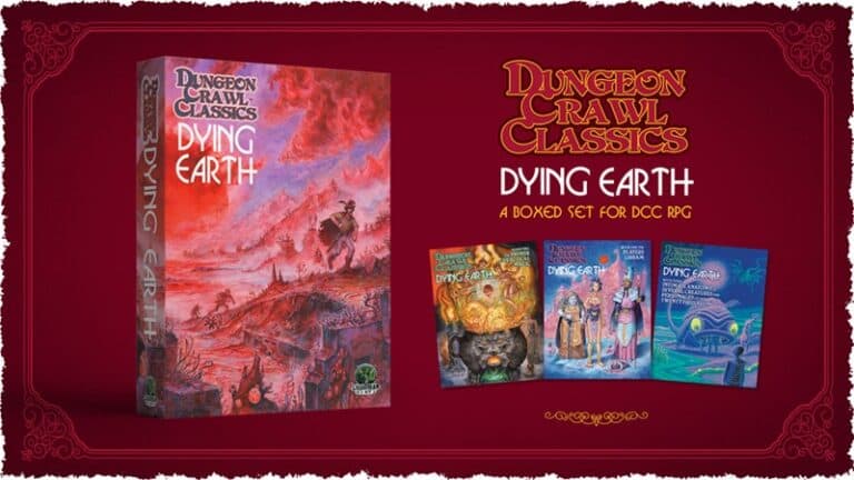 Kickstarter edition of "Dungeon Crawl Classics: Dying Earth" for DCC RPG, featuring a large, illustrated box with three colorful booklets adorned with fantasy artwork, all set against an ornate red background.