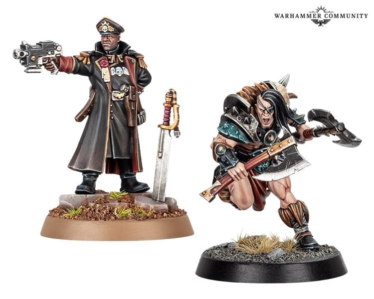 Miniature figures from Warhammer 40K by Games Workshop: a commissar in a dark coat pointing a pistol, and a warrior with face paint wielding an axe and crossbow. Both are event-exclusive miniatures, highly detailed with differing bases and posed dynamically.