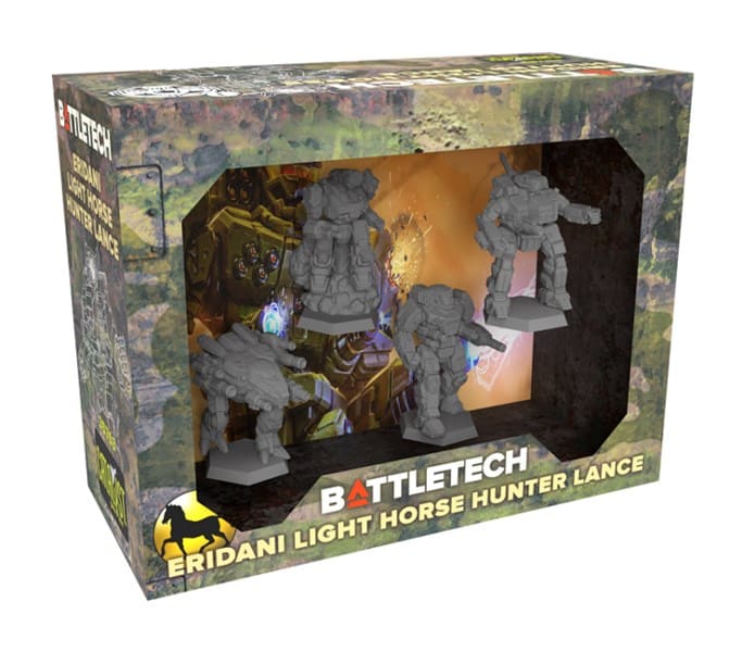 This ForcePack of BattleTech miniatures, labeled "Eridani Light Horse Hunter Lance," features an illustrated battle scene with four gray mech miniatures inside. Perfect for enthusiasts looking to expand their collection with iconic mechs from the legendary Eridani Light Horse.