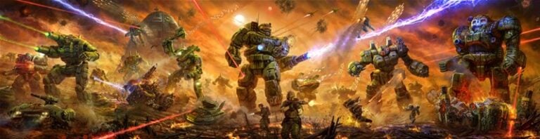 In a fiery landscape, a futuristic battle unfolds with large green robots firing lasers, reminiscent of a BattleTech skirmish. Numerous smaller robots and flying vehicles add to the chaos, echoing the intensity of mercenaries in action.