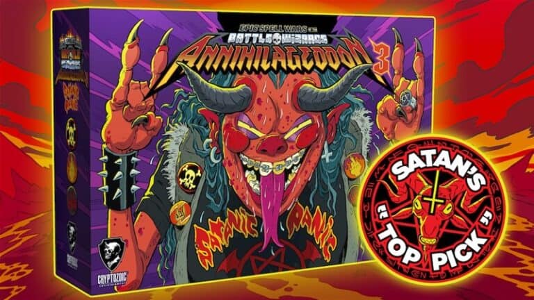 Colorful box art for the card game "Epic Spell Wars of the Battle Wizards: ANNIHILAGEDDON 3," showcasing a cartoon demon with horns and a mischievous grin. The text "Satan's Top Pick" is emblazoned on a circular emblem to the right, perfectly capturing the chaotic spirit of Epic Spell Wars.