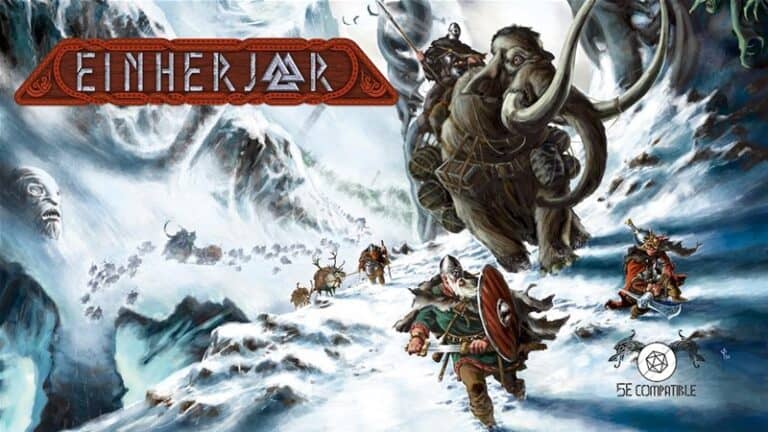 Illustrated fantasy scene featuring warriors traversing a snowy mountain with a mammoth. The warriors, dressed in Viking-like attire, hold weapons and shields. The top left displays the title "Einherjar," and the bottom right notes "5E Compatible." Available now on Kickstarter for RPG enthusiasts.