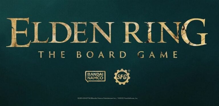The image showcases the logo for "Elden Ring: The Board Game" set against a dark backdrop. Beneath the title, the familiar logos of Bandai Namco and Steamforged Games prominently feature, underscoring the collaboration that brings this captivating board game to life.