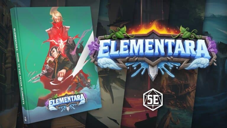 The cover of "Elementara" showcases a fantasy-themed illustration with a mage casting a spell. The title "ELEMENTARA" and "5E" stand out against a mystical backdrop of various landscapes, hinting at the immersive adventures found in this Elementara RPG sourcebook. Check it out on Kickstarter!
