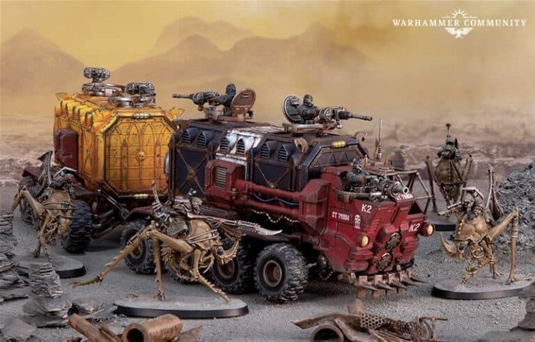 A red armored Cargo-8 Ridgehauler and a yellow trailer traverse a rocky landscape, surrounded by mechanical, insect-like creatures. The vehicle and trailer are heavily armed, set against a dusty, mountainous backdrop reminiscent of a vivid Games Workshop scene.