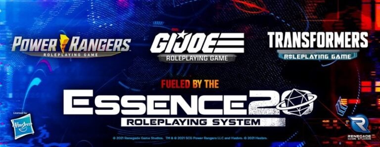 Promotional image spotlighting the Essence20 RPG System by Renegade Game Studios, showcasing logos for Power Rangers, G.I. Joe, and Transformers roleplaying games. The design boasts bright colors and futuristic elements to captivate any RPG enthusiast.