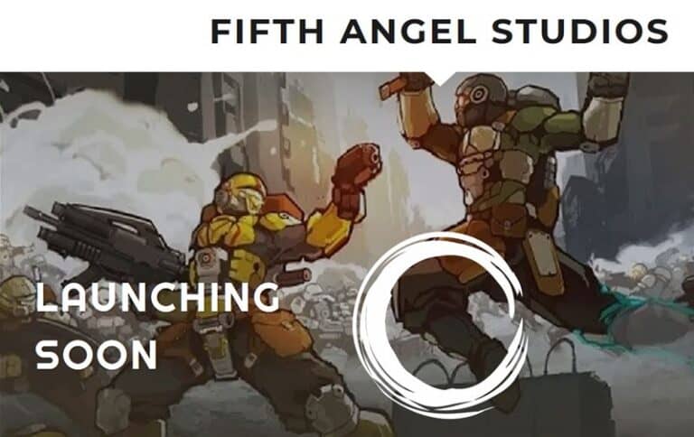 Illustration of two armored figures engaged in combat; one wields a large weapon. The smoky, chaotic background sets the scene. Text reads "Fifth Angel Studios Acquires MERCS Line" and "Launching Soon," with a logo showcasing a circular design.