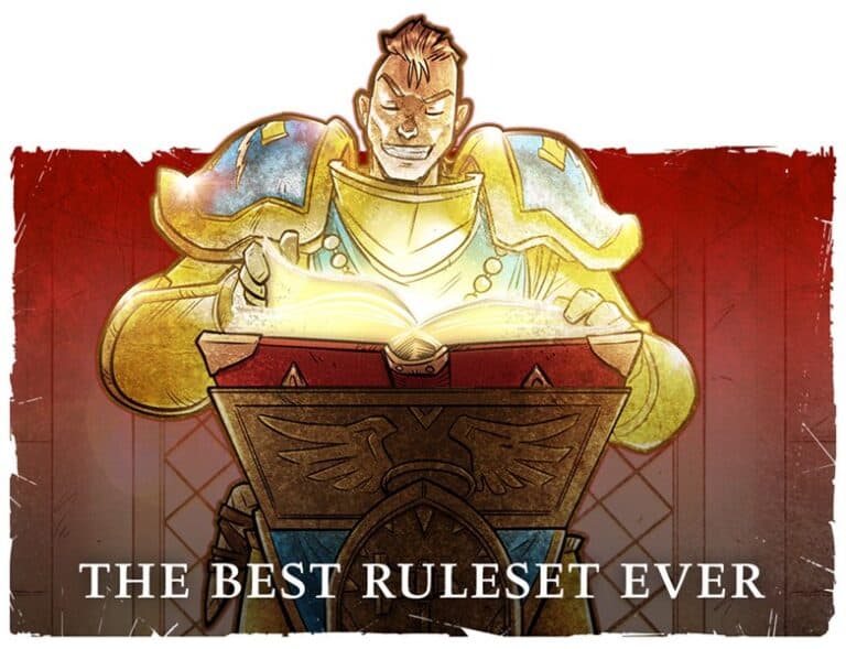 A glowing, armored figure stands behind a large open book on a lectern, the embodiment of wisdom from Games Workshop's Age of Sigmar. The background is a mix of red and orange tones. Text at the bottom reads "THE BEST RULESET EVER.