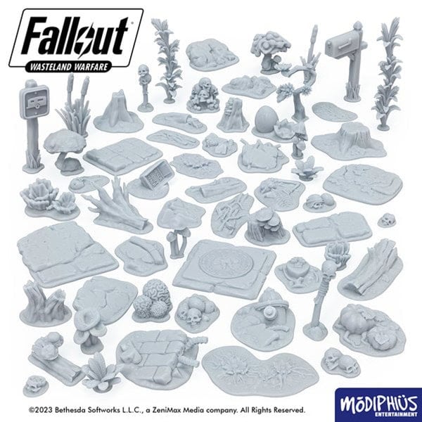 Explore this collection of gray miniature terrain pieces from "Fallout: Wasteland Warfare" by Modiphius Entertainment. Perfect for your next Fallout Friday event, it includes plants, rocks, signs, and miscellaneous objects to enhance your tabletop gaming experience.