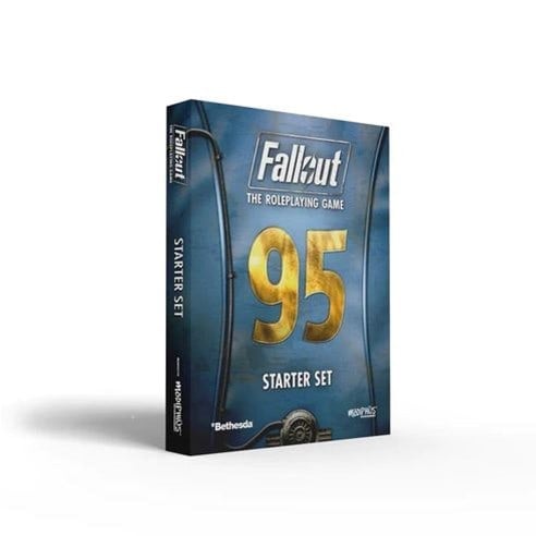 Box of "Fallout RPG: The Roleplaying Game" Starter Set. The cover features the number 95 in large gold font on a blue background, with Bethesda and Modiphius logos in the corners. This starter set is expertly designed to immerse players into the captivating Fallout universe.