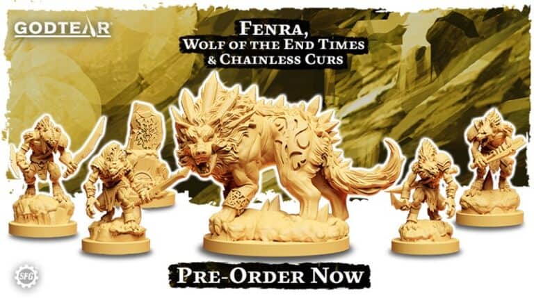 Image of Godtear miniatures showcasing Fenra, the Champion wolf with intricate spiky armor, alongside four smaller wolf-like creatures. Text reads "Fenra, Wolf of the End Times & Chainless Curs." Pre-order now to secure your set.