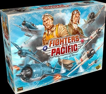 The box cover of Ares Games' "Fighters of the Pacific" showcases illustrated WWII fighter pilots with aircraft engaged in a dogfight over the ocean, capturing the intense action and strategy that players will distribute across their game boards.