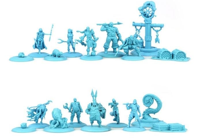 A collection of blue pirate-themed miniature figures from the Fisherman's Guild is displayed. The set includes pirates, sea creatures, and nautical elements like a ship's wheel and treasure chests. Each figure has unique poses and detailing, perfect for assembling teams in your Steamforged games.