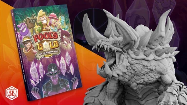 A colorful "Fools Gold" book, perfect for your next RPG campaign, features cartoon adventurers and rests beside a detailed gray model of a dragon-like creature. Set against a vibrant mix of red and purple tones with a 5E emblem, it's the Kickstarter sensation you can't miss.