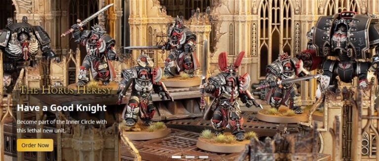 Miniature figures of armored knights with swords and axes are positioned in an ornate, gothic-style setting. Text reads "The Horus Heresy - Have a Good Knight," showcasing the new Titan unit from Forge World. A button says "Order Now.