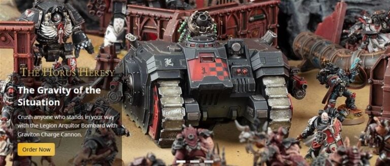 Experience the immersive tabletop scene of "The Horus Heresy," highlighting the Legion Arquitor Bombard and futuristic tanks skillfully crafted by Forge World. Warriors strike dynamic poses amidst rubble and structures, bringing epic battles to life.