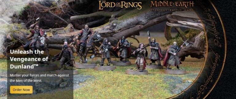 A promotional image for the "Middle-earth Strategy Battle Game" showcases painted miniature figures of warriors from Dunland in a forest setting. The text reads: "Unleash the Vengeance of Dunland™. Muster your forces and march against the Men of the West." Part of an exciting new release by Forge World.