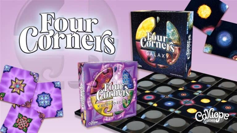 A promotional image for the Four Corners Board Game on Kickstarter showcases two editions: Kaleidoscope and Galaxy. The vibrant game boxes appear alongside colorful, geometric-patterned boards. The Calliope Games logo is featured at the bottom right.