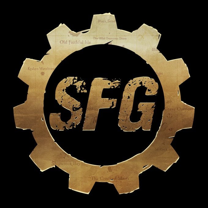 A metallic gear-shaped border encloses the text "SFG" on a dark background, hinting at Steamforged Games. The gear's surface appears textured with a subtle map design, featuring names like Old Faithful Isle and Shipwreck Bay, evoking a pirate-themed board game adventure.