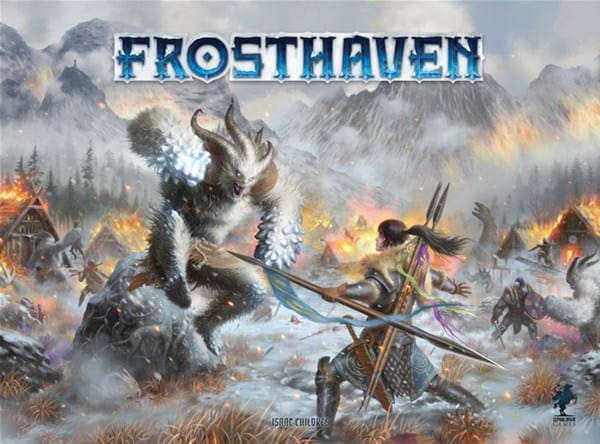 In "Frosthaven," a realm echoing Cephalofair's chill, a warrior brandishes a spear against a furry behemoth with icy fists. Snowy mountains rise behind burning huts, as figures locked in combat reflect Gloomhaven's unyielding spirit.