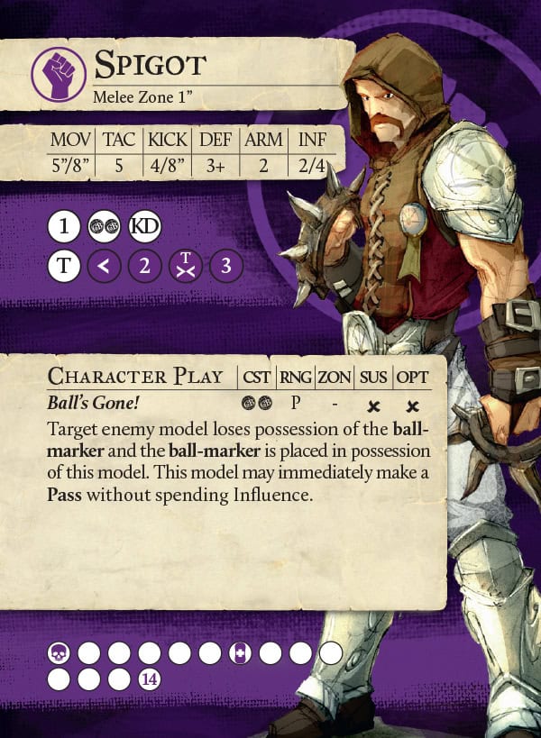 Discover the Spigot Preview card in Guild Ball, featuring the legendary character clad in armor and wielding a weapon. With stats on movement, kick, defense, and armor, it highlights his signature ability "Ball's Gone!" against a striking purple background—a must-see for New Hunters!