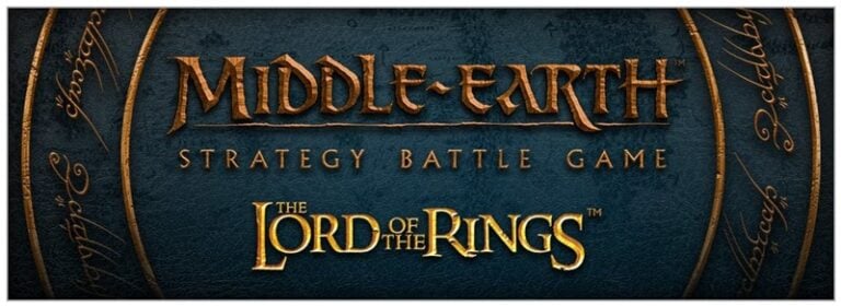 Text reads: "Middle-earth Strategy Battle Game" and "The Lord of the Rings" on a textured background with Elvish script along the borders, hinting at a new box set from Games Workshop featuring the epic Battle of Osgiliath.