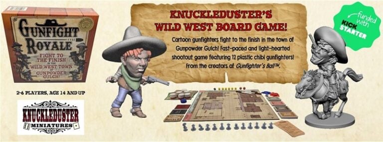 Discover "Gunfight Royale," a dynamic board game by Knuckleduster Miniatures, featuring whimsical cowboy illustrations and a detailed plastic cowboy figurine on horseback. Perfect for 2-6 players ages 14 and up, this Kickstarter success promises action-packed fun on every turn.