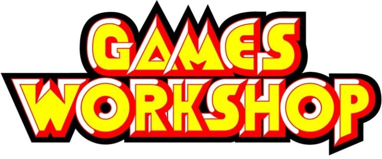 Logo of Games Workshop featuring bold, stylized text in bright yellow and red colors with sharp, angular edges, reminiscent of the epic intensity found in popular movie and TV franchises.