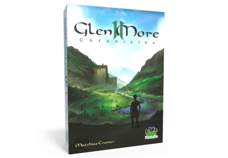 The image displays a board game box for "Glen More II Chronicles" by Matthias Cramer. The cover presents a scenic landscape of rolling hills, a river, and a castle with a person in the foreground. Logos for Fun Tales and this English version by Renegade Game Studios are visible on the box.