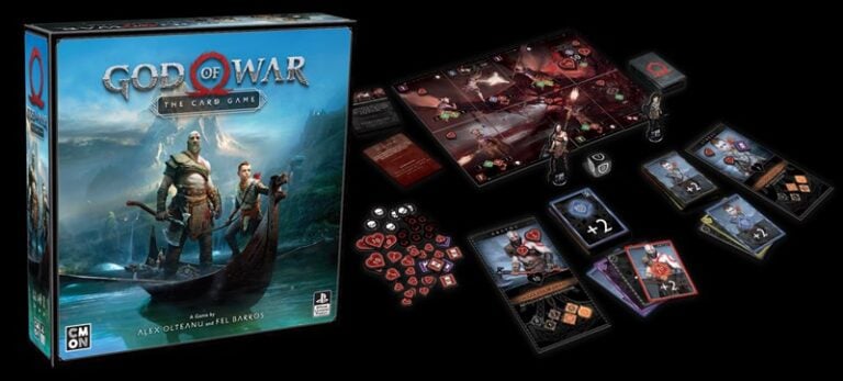 The box and components of the "God of War: The Card Game," now available, are displayed against a black backdrop. The setup includes cards, tokens, and a game board featuring illustrations from the "God of War" universe. The game box showcases characters set against a snowy backdrop.