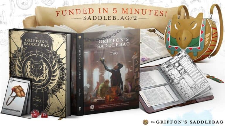 An array of items titled "The Griffon's Saddlebag" showcases two enchanting books, a magical card, a digital screen unveiling content, and an intricately designed dragon-shaped bag. Above it all, the phrase "Funded in 5 minutes!" proudly highlights its Kickstarter success with a website URL.