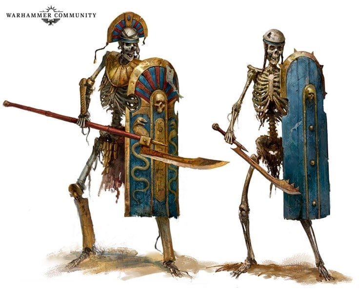 Two skeletal warriors clad in ancient armor, brandishing spears and shields with blue and gold designs, evoke a fantasy theme. Resurrected from the Old World, one bears a helmet with red accents. These undead soldiers echo the intricate detail of Games Workshop artistry.