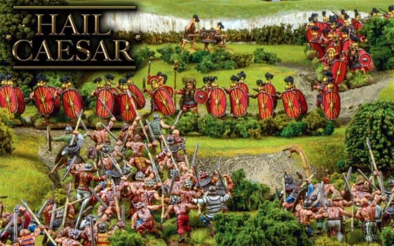 Miniature figures in a historical battle scene, crafted by Warlord Games, feature Roman soldiers with shields and swords facing off against opposing warriors. The lush, green setting captures the essence of "Hail Caesar," hinting at an upcoming new edition in the top left corner.