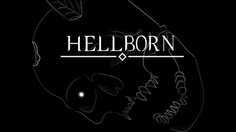 A black background features the outline of a skull in profile, baring sharp teeth. "HELLBORN RPG" stands boldly at the center in white text, with a small diamond shape below. Perfect for your Kickstarter campaign visuals.