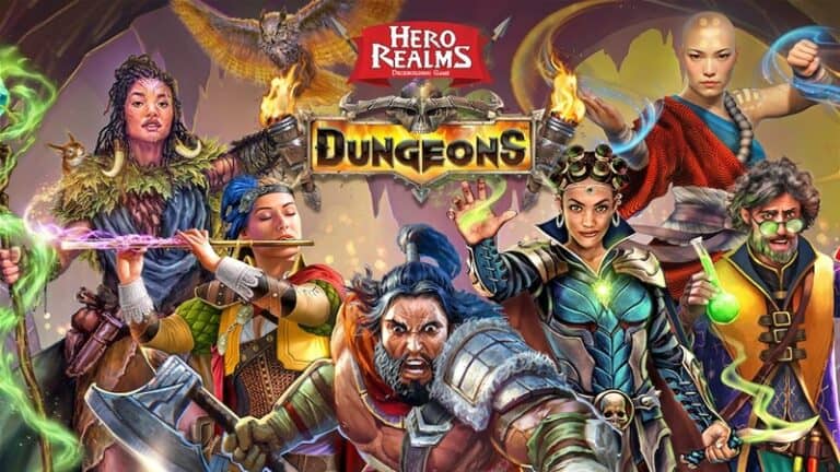 Colorful fantasy characters, including warriors, a musician, and a monk, pose with weapons and magic effects. A logo above reads "Hero Realms Dungeons Expansion," hinting at an exciting new chapter funded on Kickstarter. The background features a mystical, glowing atmosphere.