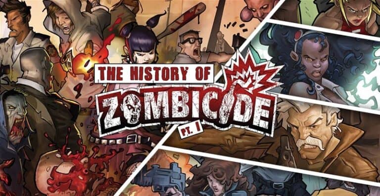 Comic-style illustration featuring characters fighting zombies. The central text reads, "The History of Zombicide Pt. 1" by CMON. Various characters wield weapons, creating a dynamic action-packed scene with vivid colors and intense expressions.