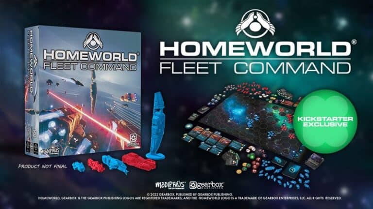Cover art for "Homeworld: Fleet Command Board Game." The image showcases a game box, space-themed board with hexagonal tiles, and assorted pieces. Includes text about Kickstarter exclusives and logos at the bottom. The background bursts with a cosmic scene.