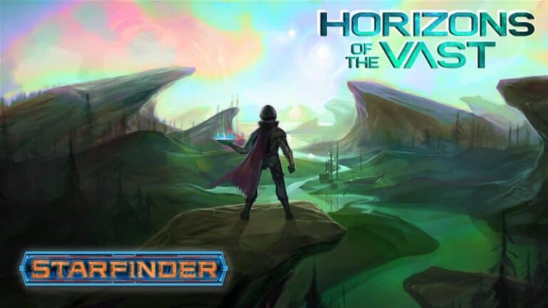 A figure in a cape stands on a rocky ledge, overlooking a colorful, futuristic landscape with jagged cliffs and green skies. "Horizons of the Vast" and "Starfinder Player's Guide" shine boldly, inviting you to explore new frontiers.