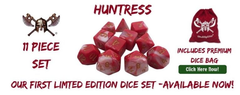 Check out the Huntress Limited Edition Dice set by Skullsplitter Dice. This 11-piece red dice ensemble comes with a premium matching bag and features exclusive axe imagery. Don't miss this chance—click here now for a set that even TGN Review can't stop raving about!