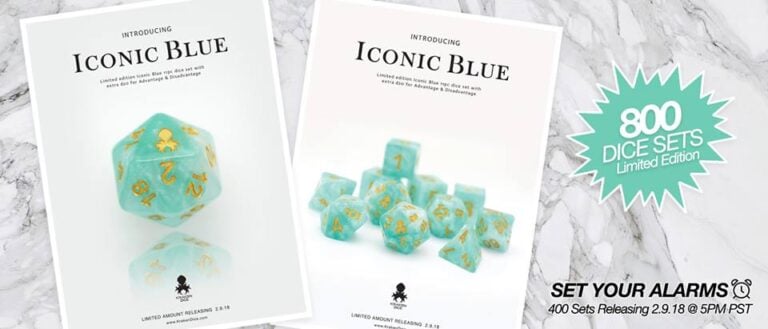 Introducing the Iconic Blue Set by Kraken Dice: elegant turquoise blue dice adorned with gold numbers, perfect for collectors. Launched on a luxurious marble backdrop, only 400 sets available. Release date: 2.9.18 @ 5PM PST. Don't miss the TGN Review to see why they're a must-have!