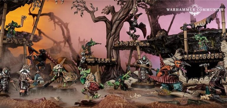 A diorama featuring intricate fantasy miniatures engaged in a dynamic Warcry battle scene. The setting includes twisted trees and a variety of warriors and creatures, each with distinct armor and weapons, set against a vibrant orange and purple sky crafted by Games Workshop.