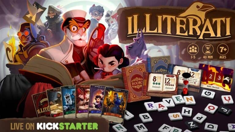Illustration of the survival word game "Illiterati" featuring character and book cards, letter tiles, and a pencil. Characters like a detective, vampire, and unicorn add intrigue. The Kickstarter logo highlights its crowdfunding campaign alongside engaging play details.