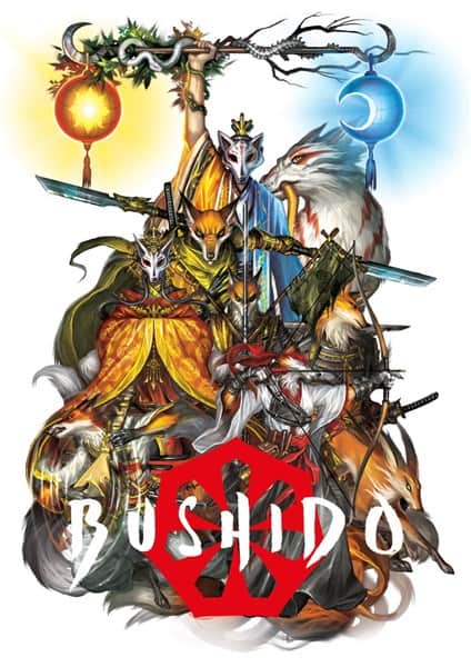 Illustration of anthropomorphic warriors with animal features like foxes and wolves, dressed in ornate armor and robes, holding weapons. Above them, a sun and moon motif. The word "Bushido" is at the bottom in stylized letters, evoking the mythical world of GCT Studios' Inari's Judgement.