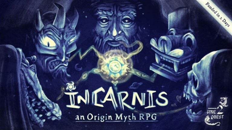 A mystical illustration showcases four mythical creatures encircling a glowing symbol. The text reads "Incarnis: a Creation Myth RPG." A banner in the corner proudly displays "Funded in 2 Days" with the Time2Quest logo, highlighting its Kickstarter success. The color scheme is dark and enigmatic.