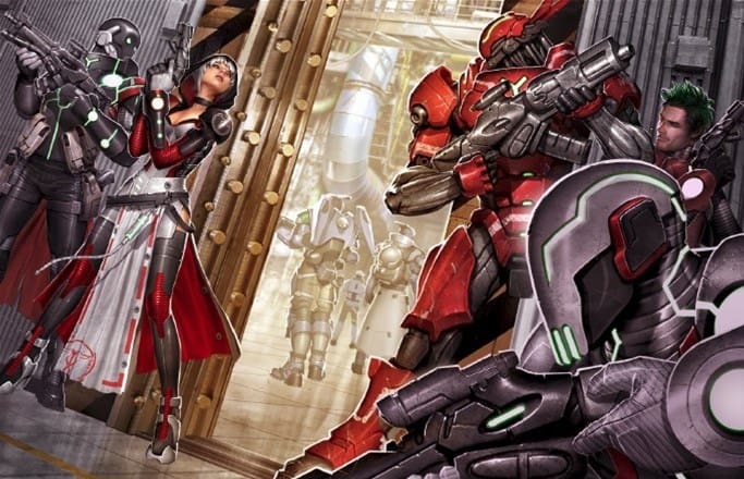 In a scene reminiscent of Infinity RPG, futuristic soldiers in red and black armor engage in a standoff in a metallic corridor. Two figures on the left aim their weapons, while others on the right, including a man with green hair, hold their ground. Robotic figures approach from a lit opening.