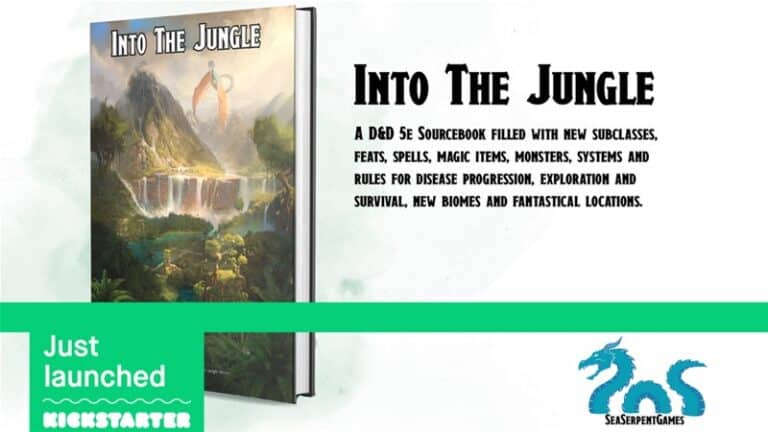 A promotional image for the D&D 5e sourcebook "Into The Jungle" showcases a captivating jungle landscape with a waterfall and a dragon. Kickstarter details unfold within the text, highlighting new subclasses, spells, and more. Logo: SeaSerpentGames.