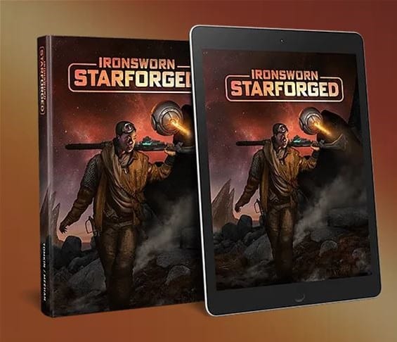 A book titled "Ironsworn: Starforged," a thrilling sci-fi RPG, is shown next to a tablet with the same cover. The cover features a person holding a gun and flashlight, standing in a rugged landscape under a starry sky.