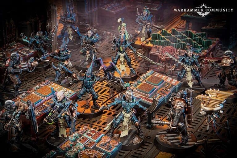 A detailed tabletop scene featuring intricately painted Warhammer miniatures in battle poses, depicting a tense Kill Team mission. Set in a futuristic, industrial environment crafted by Games Workshop, the scene includes various equipment and elaborate bases that enhance the drama.