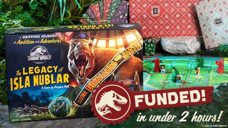 Board game "The Legacy of Isla Nublar" box, featuring stunning Jurassic World-inspired dinosaurs and jungle imagery, with a game board and pieces set up. A banner triumphantly reads "Funded in under 2 hours!" with a captivating Jurassic-themed logo.