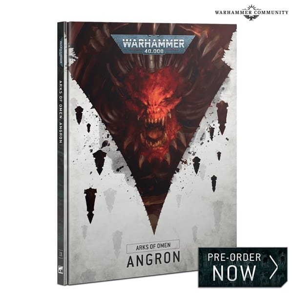 A book cover for "Arks of Omen: Angron" from the Warhammer 40,000 series. It showcases a menacing, fiery red face with horns. Text on the bottom right corner reads "Pre-order Now." Secure your copy through Games Workshop's exclusive pre-orders today!